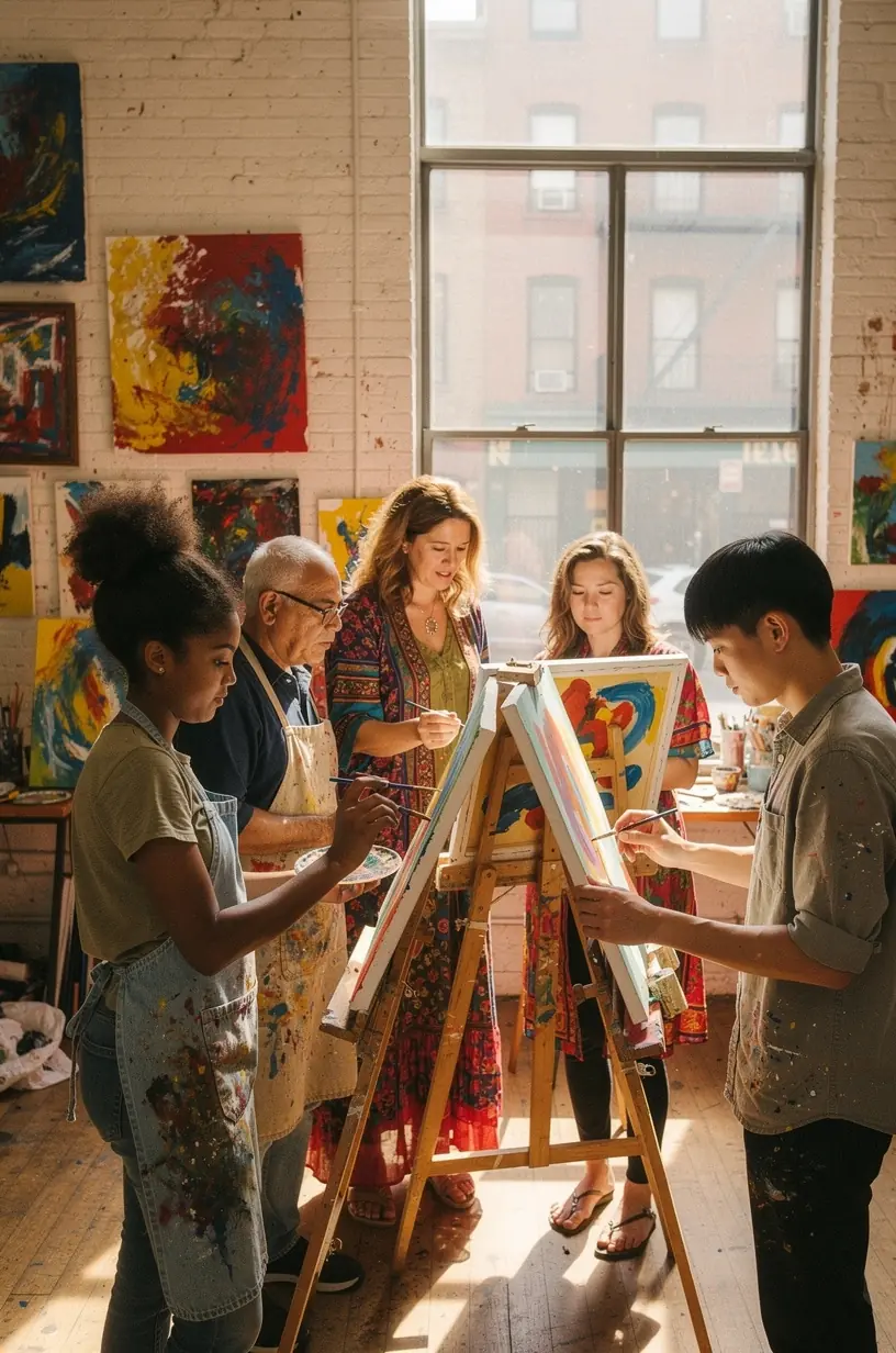 Guided painting workshop fostering artistic growth and exhibition.